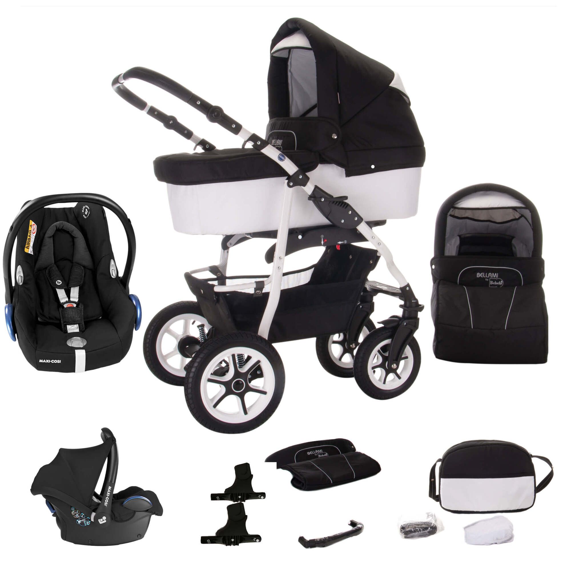 Kinderwagen-Set mit Babywanne, Maxi Cosi und Zubehör. Schwarz-weißes Design, vier Räder, zusammengeklappt.