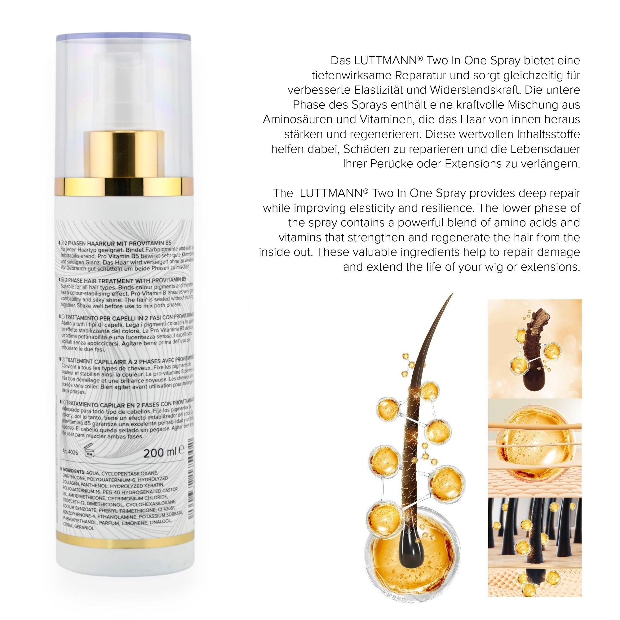 Text und Illustrationen zum LUTTMANN® Two In One Spray. Produktabbildung und schematische Darstellungen.