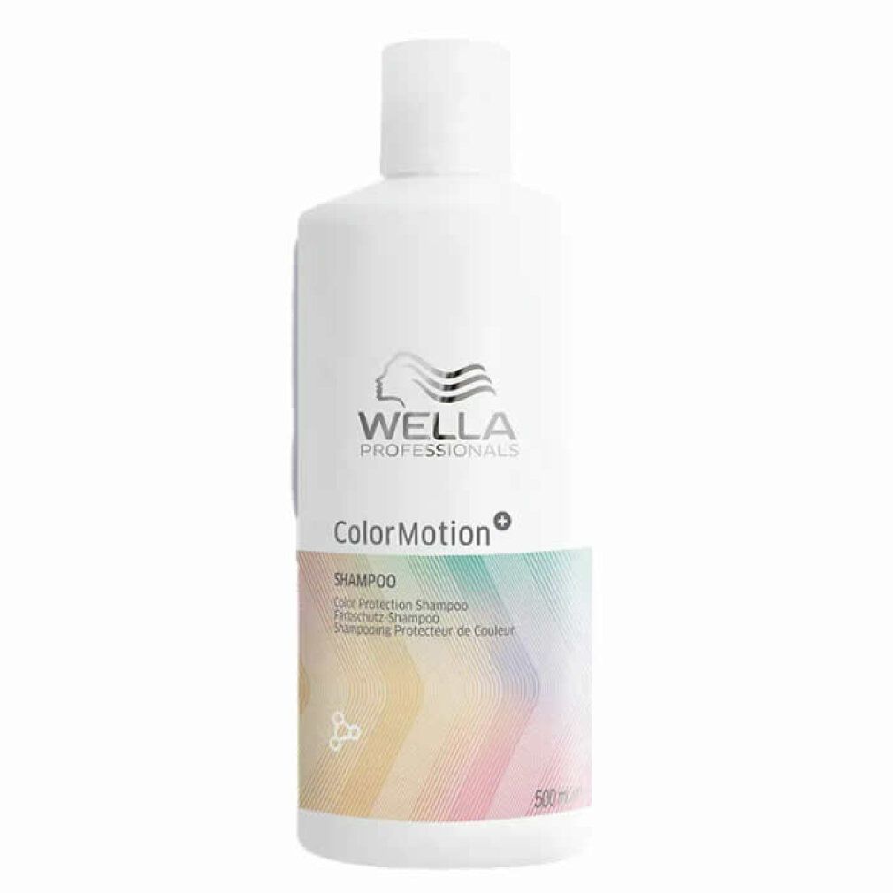 Weiße Shampoo-Flasche mit weißem Deckel. Aufschrift: Wella Color Motion+ Shampoo, 500 ml.