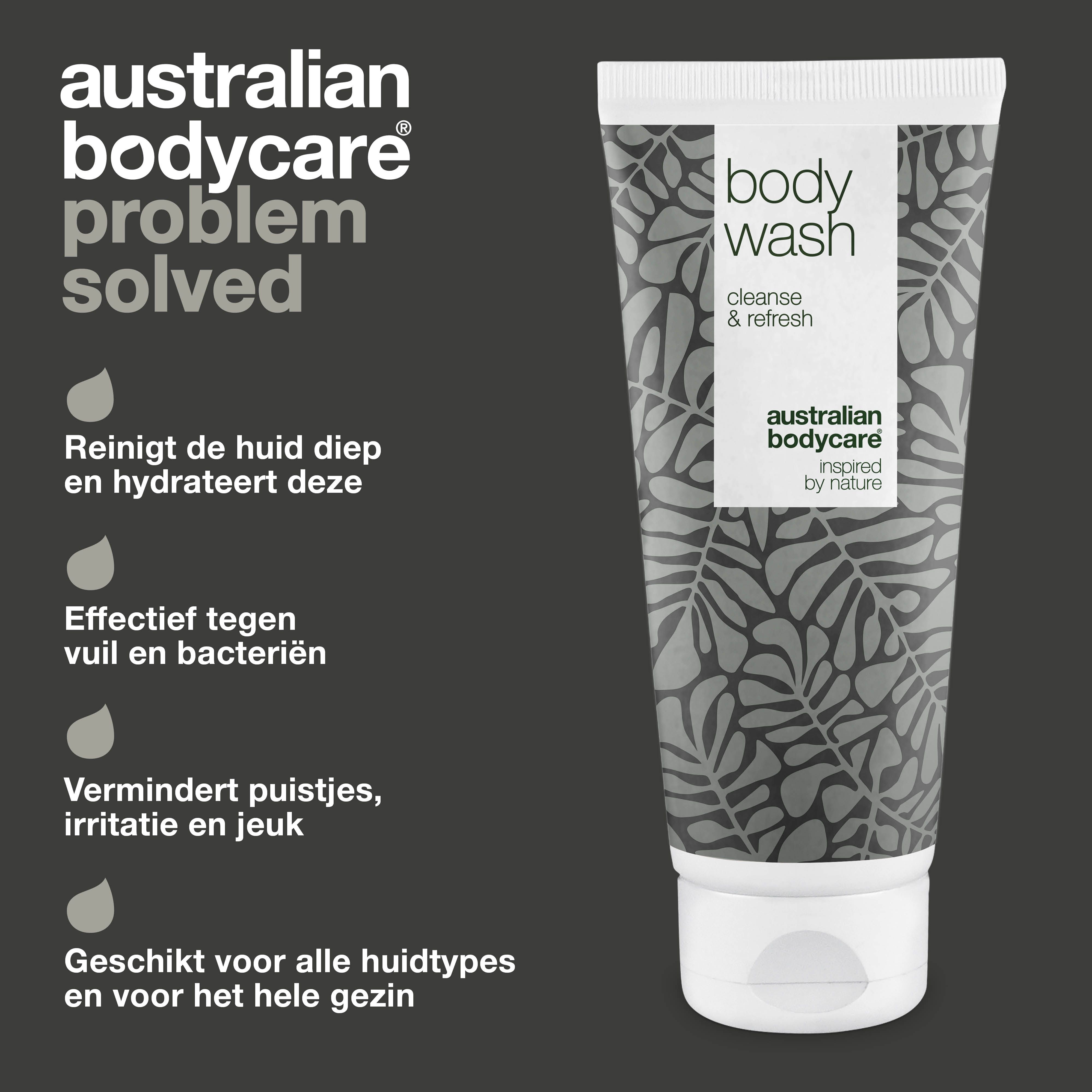 Producttube met tekst. Logo: Australian Bodycare. Tekst: body wash, cleanse & refresh. Tekst: Tegen onzuivere huid.