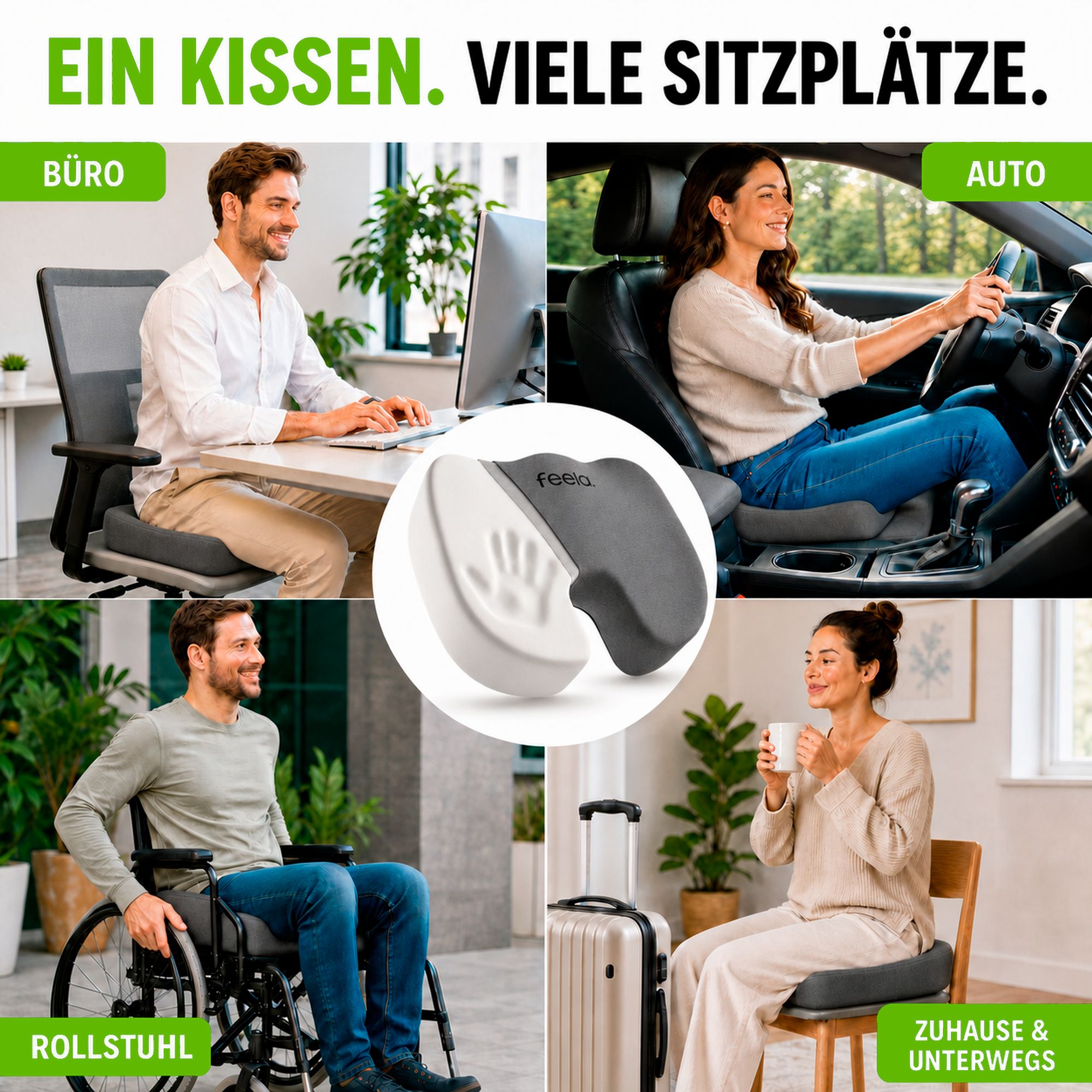 Collage zeigt Kissen in Büro, Auto, Rollstuhl und zuhause. Zwei Kissenmodelle sichtbar.