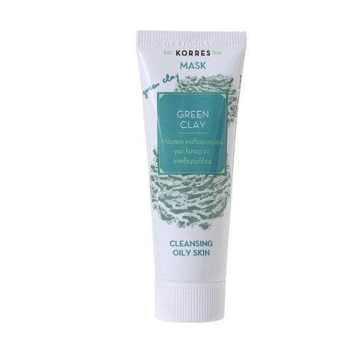 Weiß-grüne Tube mit Produktinformationen. Aufschrift: KORRES, Maske, Green Clay, Reinigungsmaske für fettige Haut.