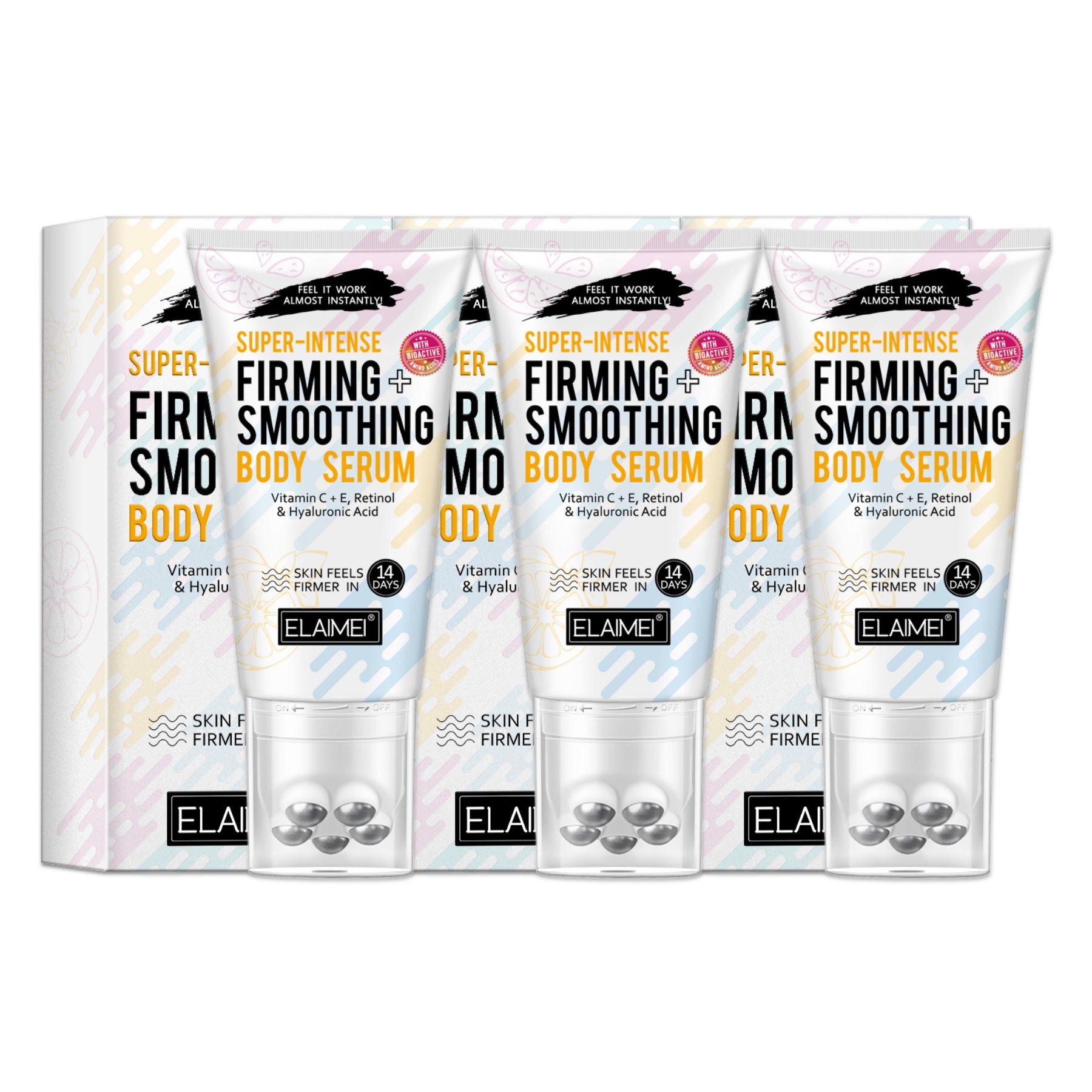 Mehrere Tuben Körperlotion mit Massage-Applikator. Text: Super-Intense Firming + Smoothing Body Serum. Marke: Elaime.