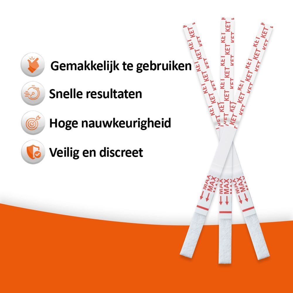 Drie witte teststrips met rode tekst KET. Pijlen en markeringen. Vier iconen met tekst: Gemakkelijk, snel, nauwkeurig, veilig.