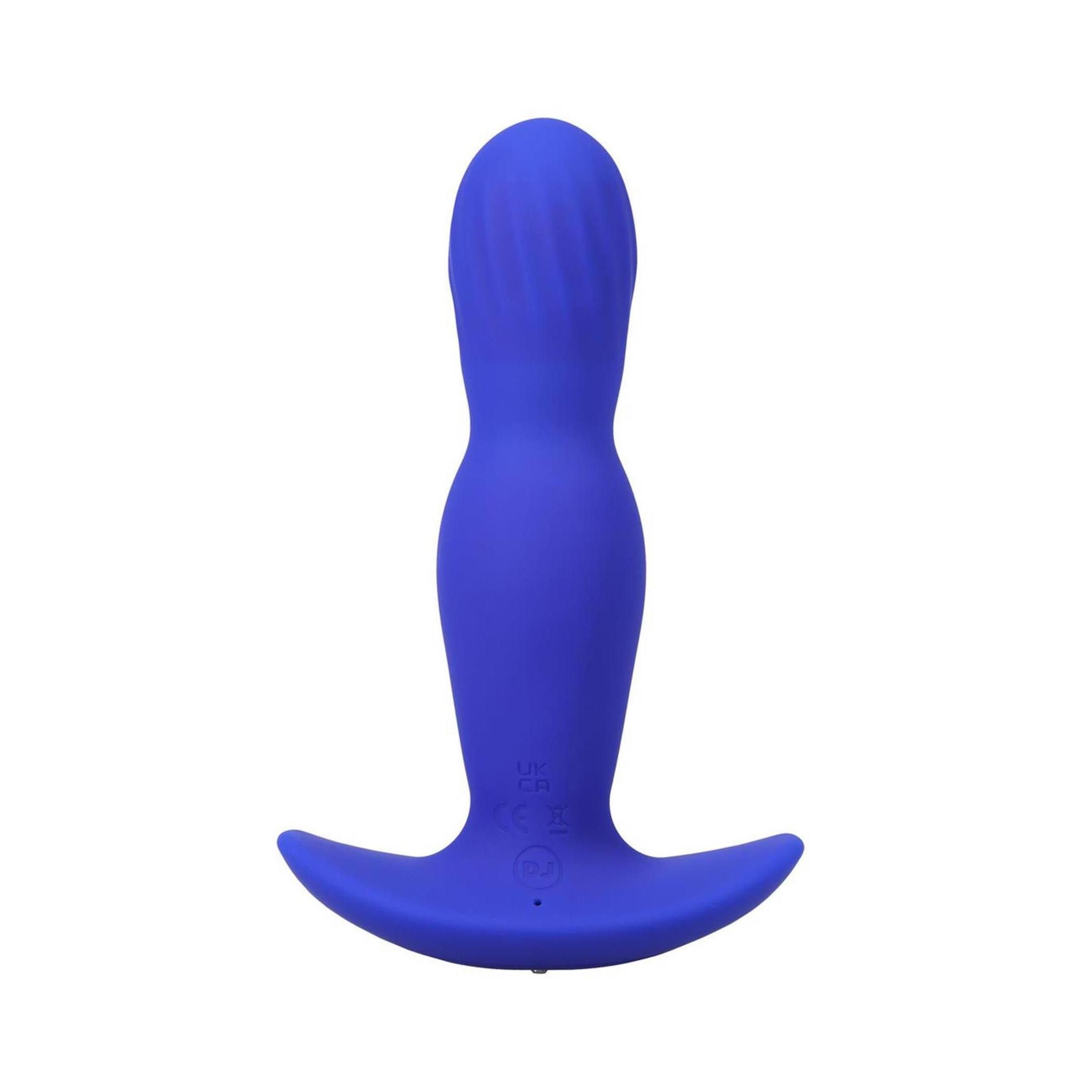Blauer Analplug aus Silikon. Form: konisch mit breiter Basis. Mit geriffelter Oberfläche. Marke Doc Johnson.