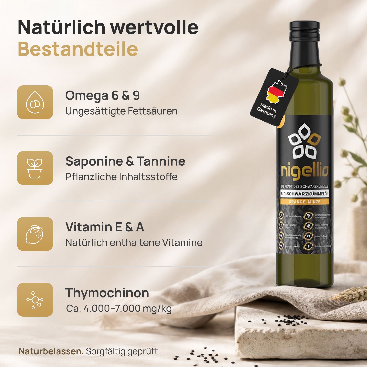 Nigellio Bio-Schwarzkümmelöl ungefiltert mit Orange-Minze verfeinert aus ägyptischer Saat