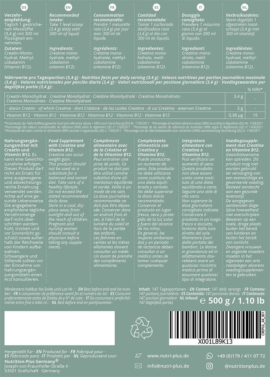 nutri+ Creatin Monohydrat Pulver + B12 - 500 g Kreatin