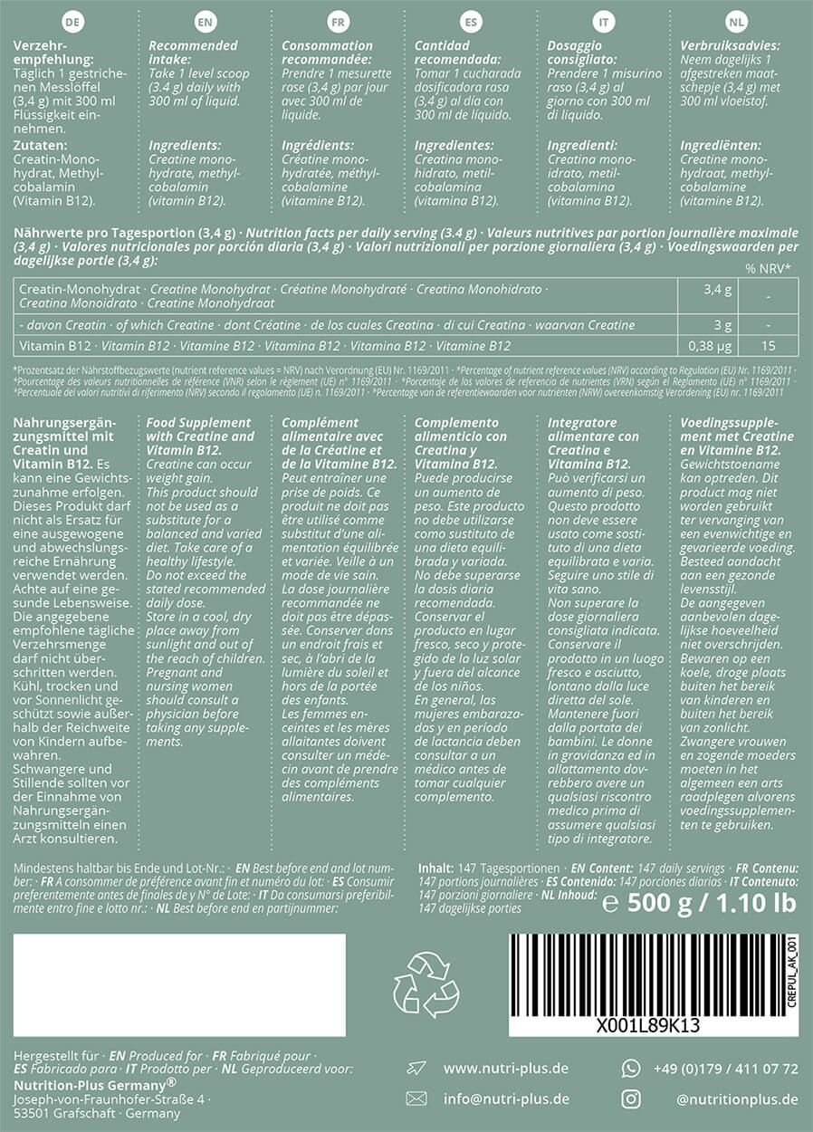 Nutri+ Creatin Monohydrat Pulver + B12 - 500 g Kreatin