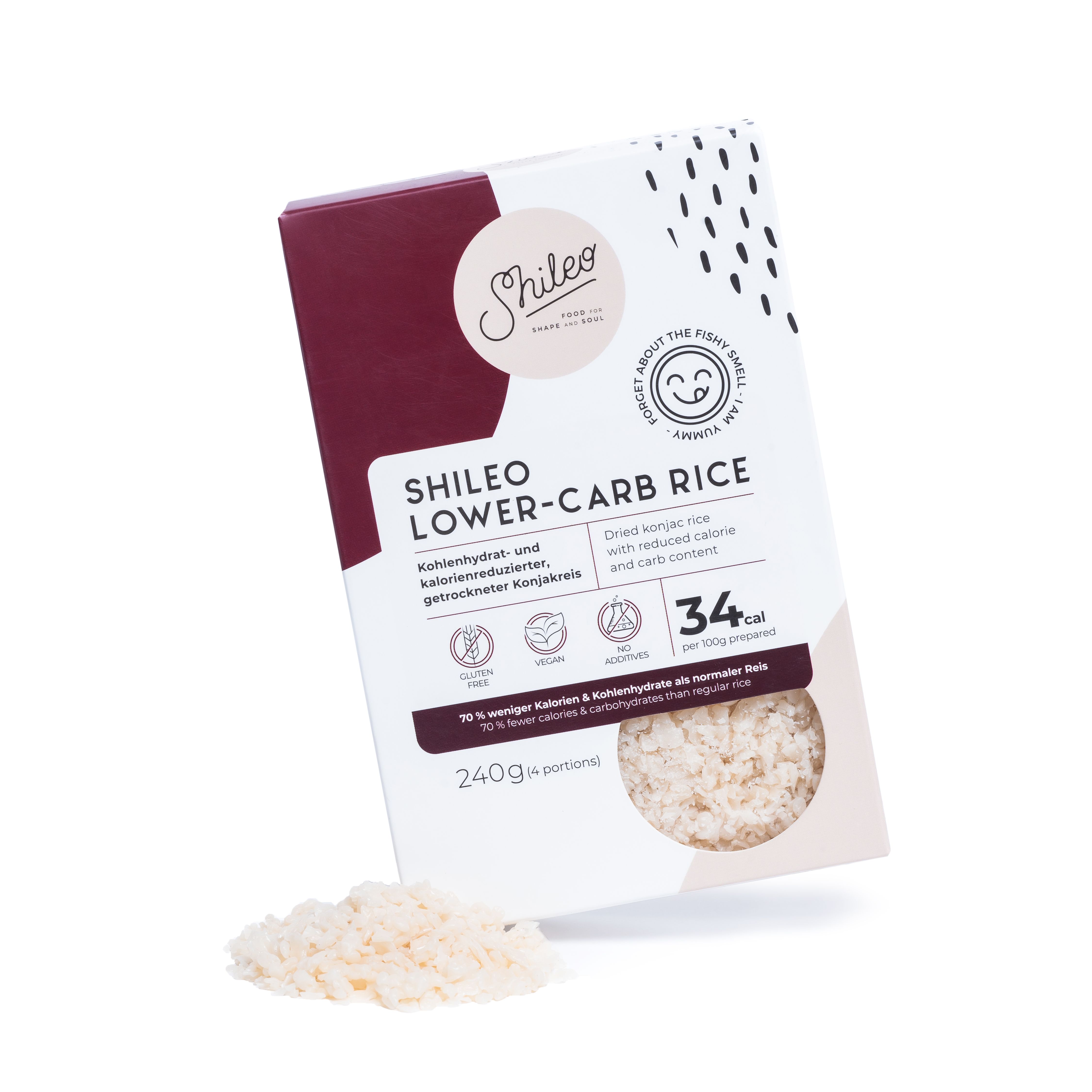 Verpackung von SHILEO Lower-Carb Reis. Enthält getrockneten Konjakreis mit reduziertem Kalorien- und Kohlenhydratgehalt. 240g Packung.