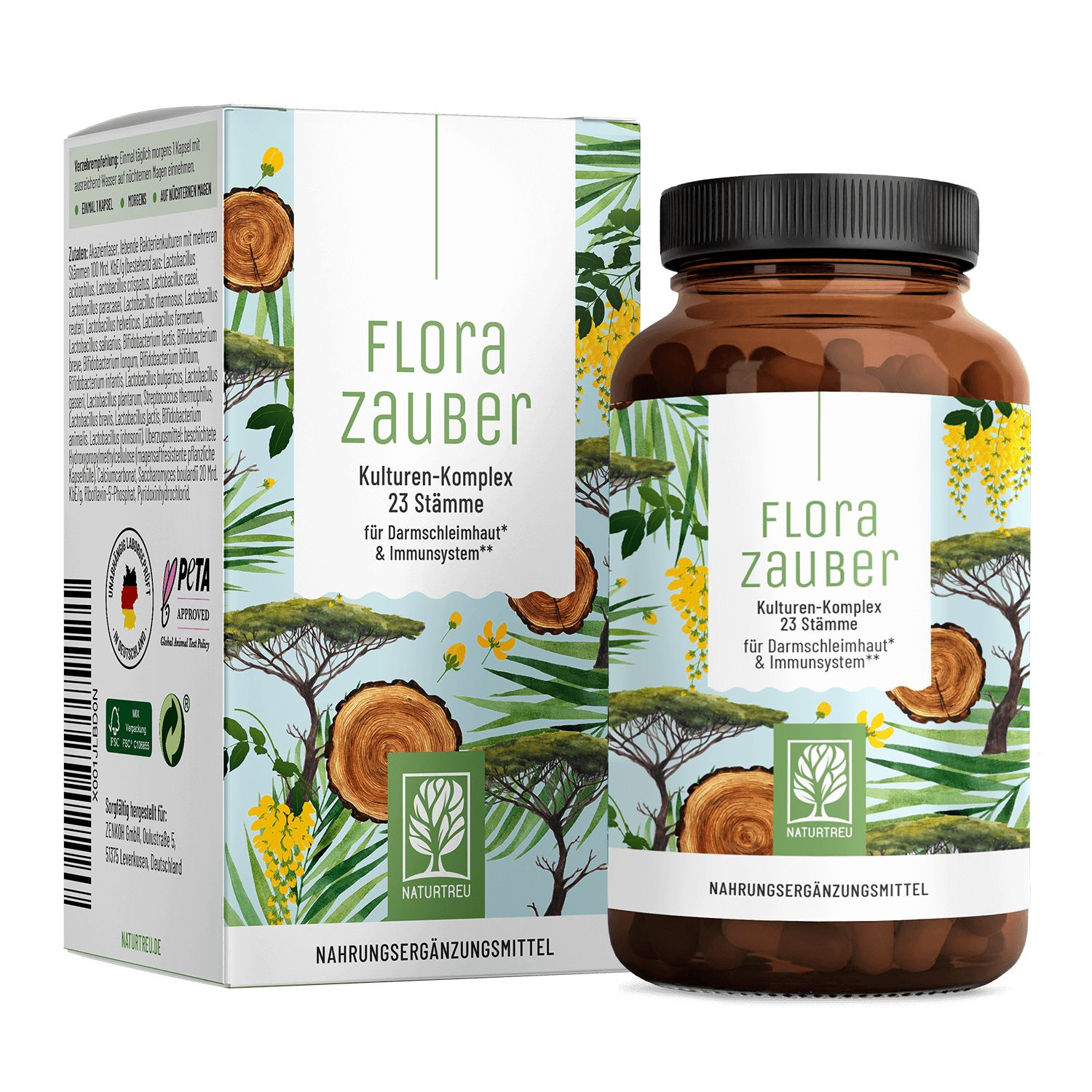 Braune Flasche und Schachtel mit Produktinformationen. Aufschrift: Flora Zauber, Kulturen-Komplex. Mit Baum- und Pflanzenmotiven.