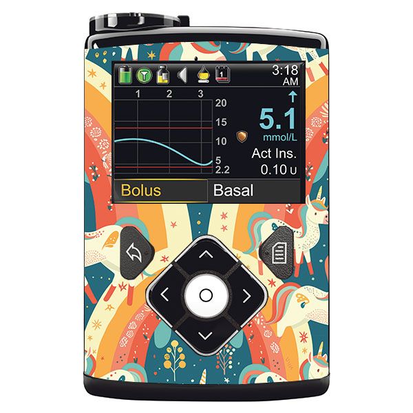 Gerät mit Unicorn Glow-Design. Display mit Messwerten und Bedienelementen. Regenbogen- und Einhorn-Muster.