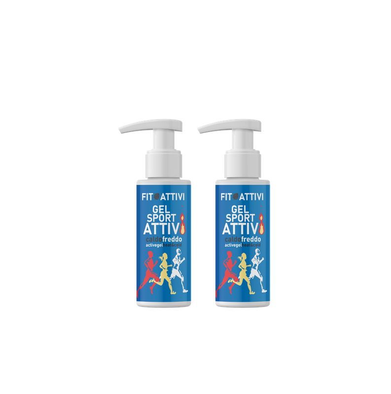 Zwei blaue Flaschen mit weißem Pumpverschluss. Aufschrift: FIT ATTIVI GEL SPORT ATTIVI freddo. Abbildung von Läufern.