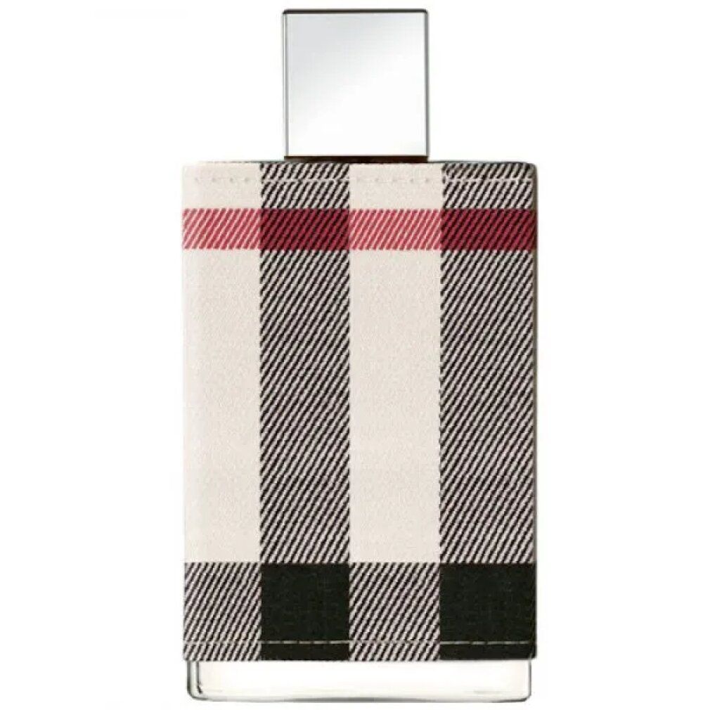 Burberry London for Her Eau de Parfum Spray Flakon. Rechteckige Form, Karomuster. Silberner Verschluss. Glasflakon.