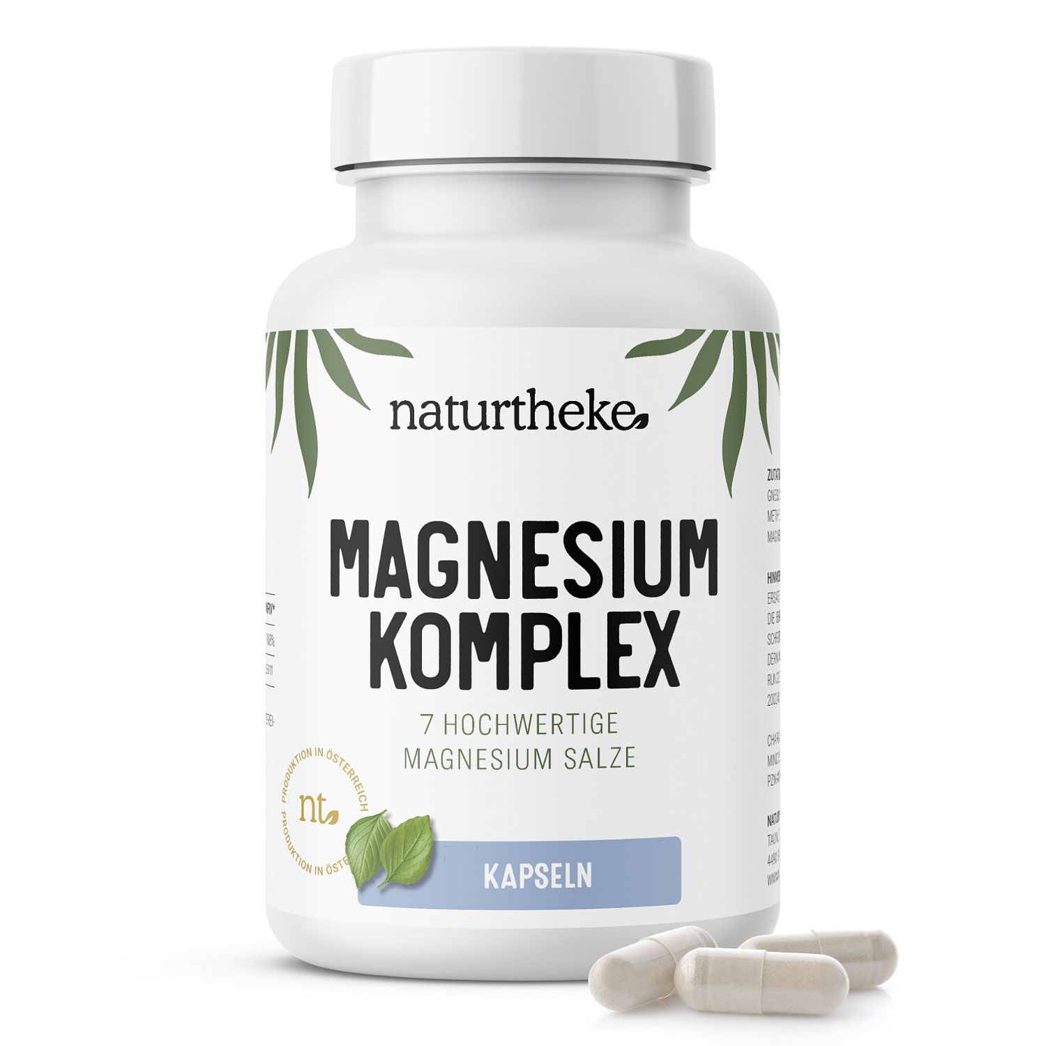 Weiße Flasche mit Kapseln. Aufschrift: Magnesium Komplex, 7 hochwertige Magnesium Salze, Kapseln. Marke: Naturtheke.