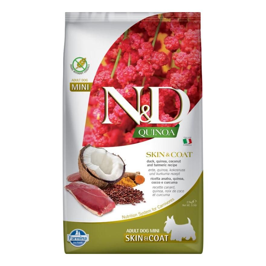 Verpackung Trockenfutter. Aufdruck: N&D Quinoa Skin & Coat, Adult Dog Mini. Abbildung: Ente, Kokosnuss, Quinoa.