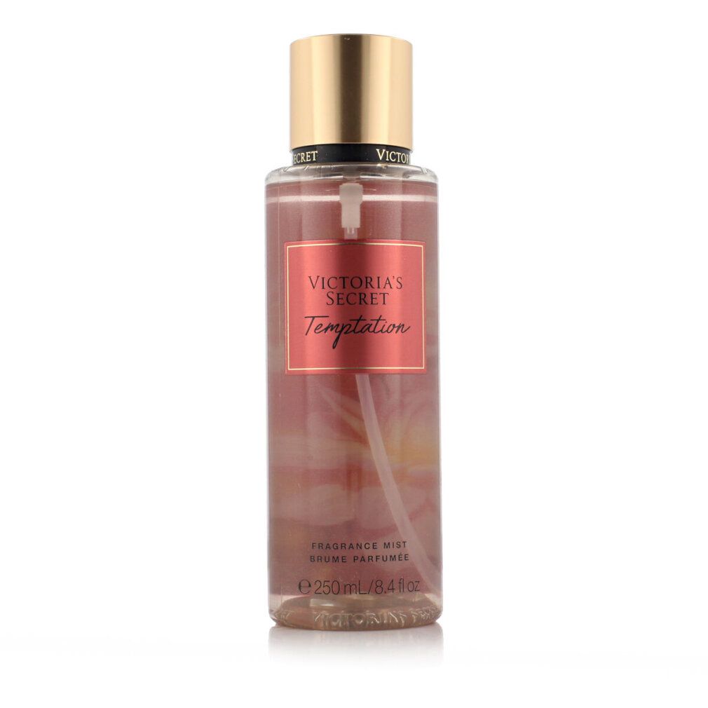 Victoria's Secret Temptation Fragrance Mist Spray. Rosa Flasche mit goldfarbenem Deckel. Text: Victoria's Secret, Temptation.