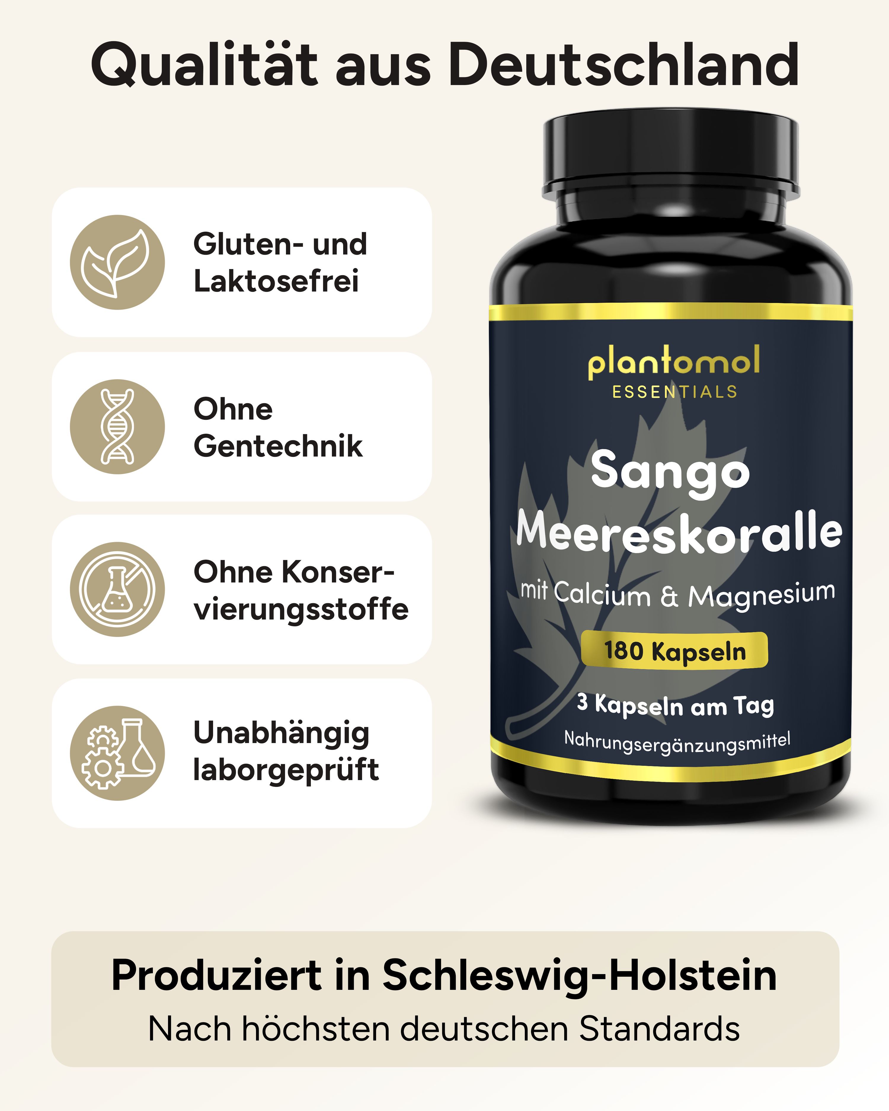 Schwarze Flasche plantomol® Essentials Sango Meereskoralle. Gluten- und laktosefrei, ohne Gentechnik, ohne Konservierungsstoffe.