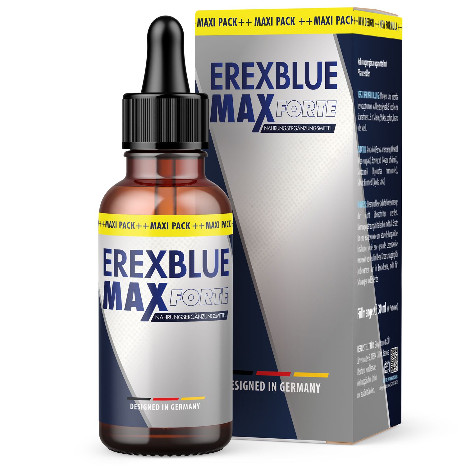 Braune Glasflasche mit schwarzem Tropfer und Produktverpackung. Aufschrift: EREXBLUE MAX FORTE. Design in Blau und Weiß.