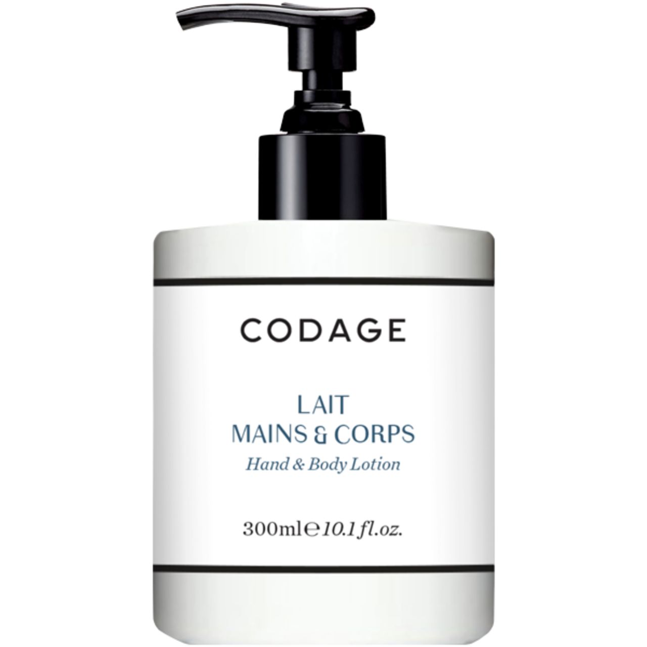 Weißer Spender mit schwarzem Pumpkopf. Aufschrift: CODAGE, LAIT MAINS & CORPS, Hand & Body Lotion. Volumen: 300ml.