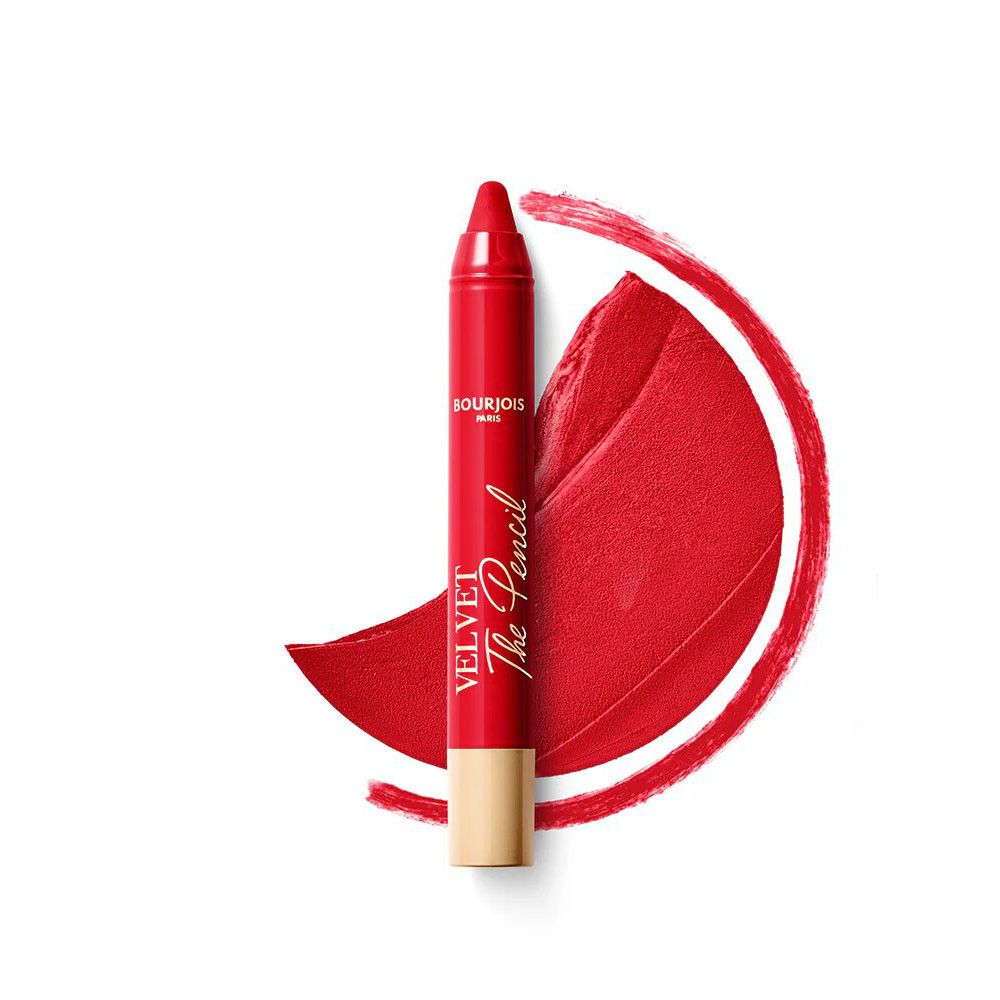 Roter Lippenstiftstift mit cremefarbener Spitze und rotem Farbabdruck. Aufschrift: VELVET The Pencil, Bourjois Paris.
