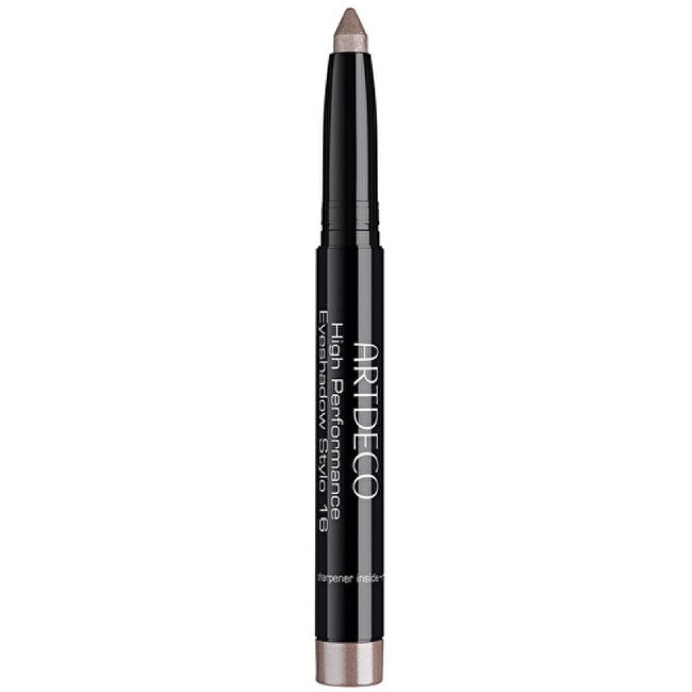 Artdeco High Performance Eyeshadow Stylo. Schwarzer Stift mit Produktbezeichnung. Graue Spitze.