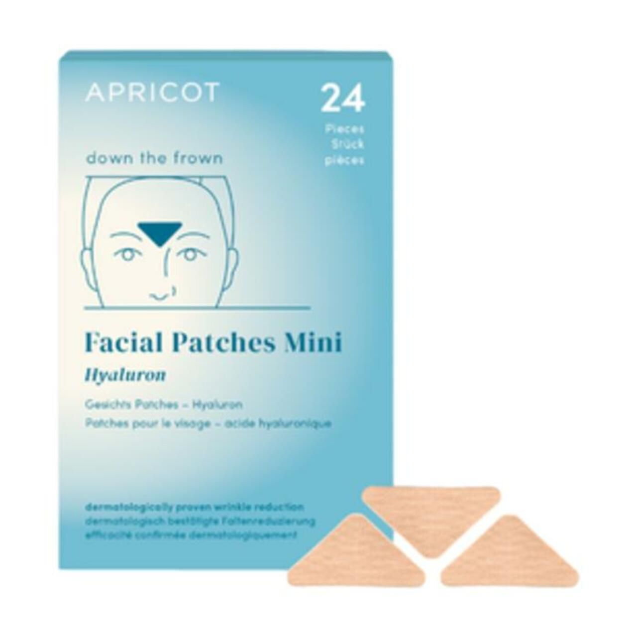 Packung mit 24 Gesichts-Patches. Marke APRICOT. Produktname: Facial Patches Mini Hyaluron. Dreieckige Patches sichtbar.