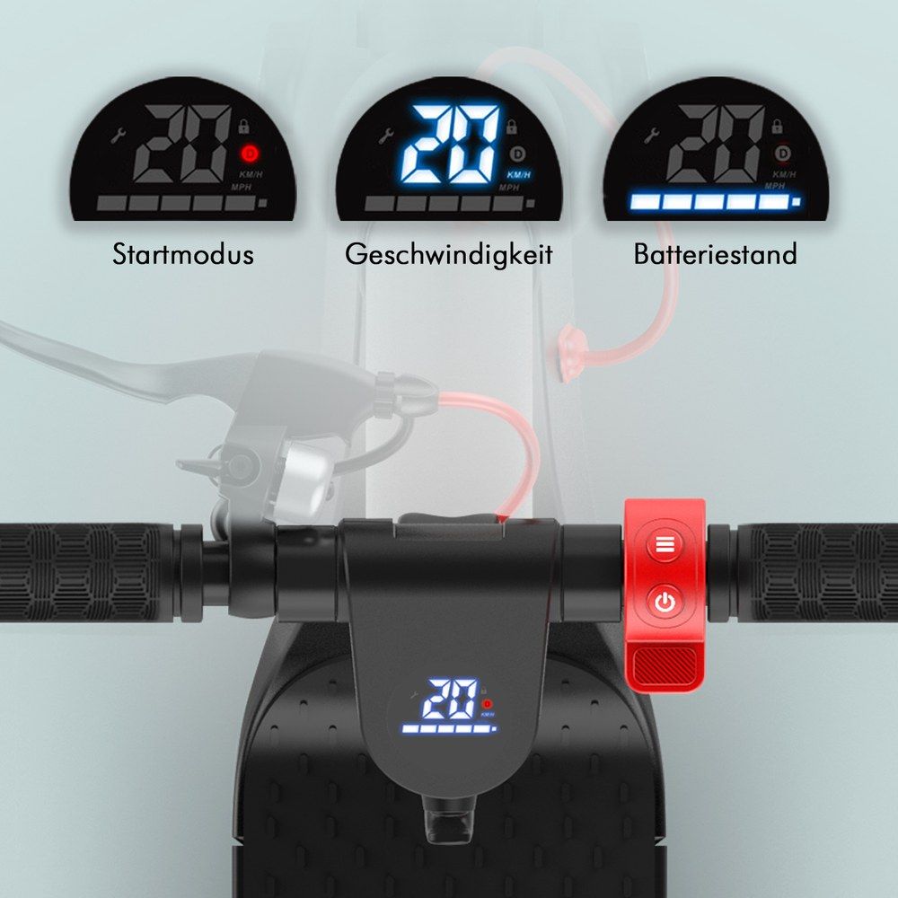 Nahaufnahme des Lenkers eines E-Scooters mit Displays für Startmodus, Geschwindigkeit und Batteriestand.
