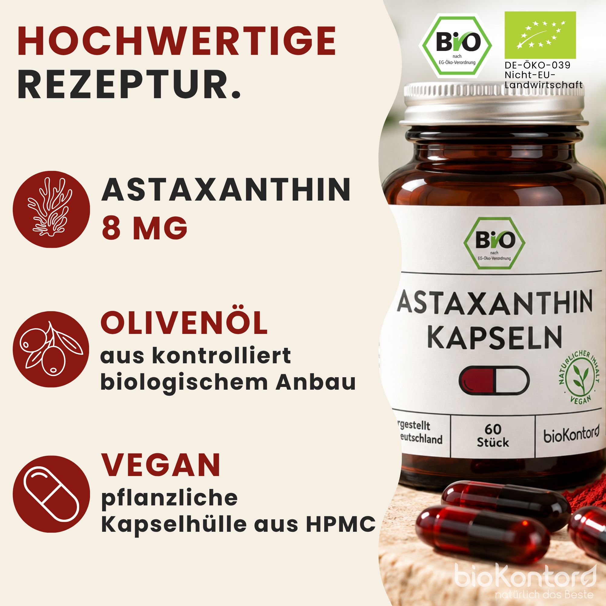 Astaxanthin-Kapseln, 8mg, Olivenöl, vegane Kapselhülle.