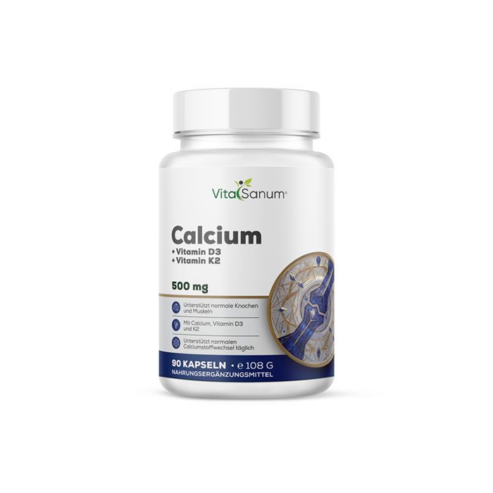 Flasche VitaSanum Calcium + Vitamin D3 + Vitamin K2, 500mg, 90 Kapseln.