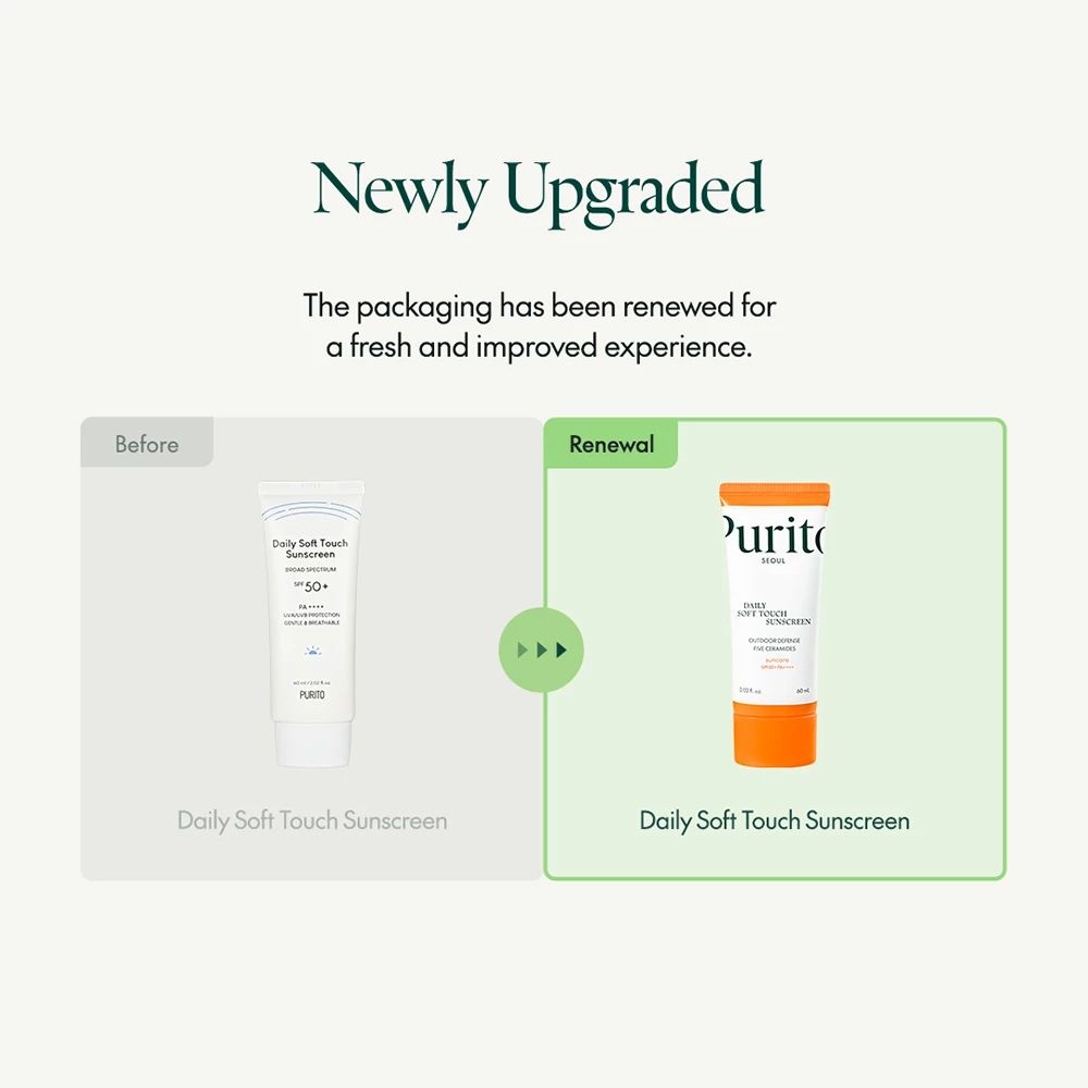Vergleich von Sonnencreme-Verpackungen. Vorher: weiß, blau. Nachher: weiß, orange. Text: Daily Soft Touch Sunscreen.