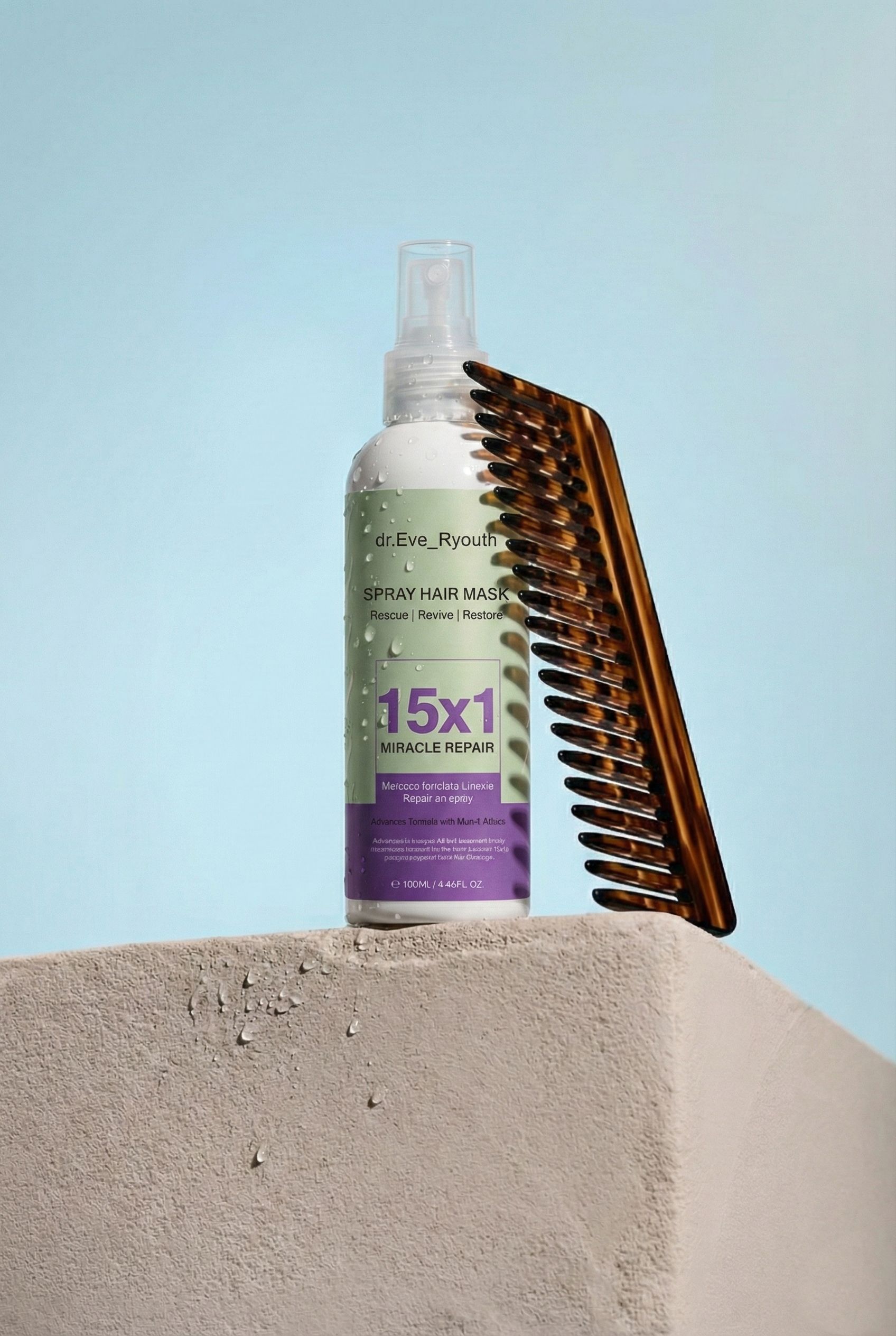 Spray-Haarmaske mit 15x1 Miracle Repair Formel und einem Kamm auf einem Stein.