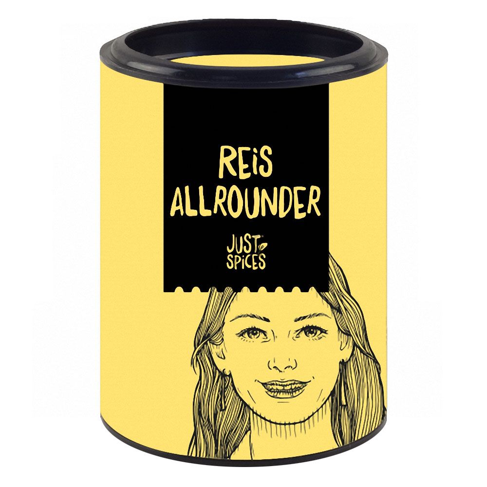 Gelbe Dose mit schwarzem Deckel. Aufschrift "REIS ALLROUNDER" und "JUST SPICES". Illustration einer Frau.