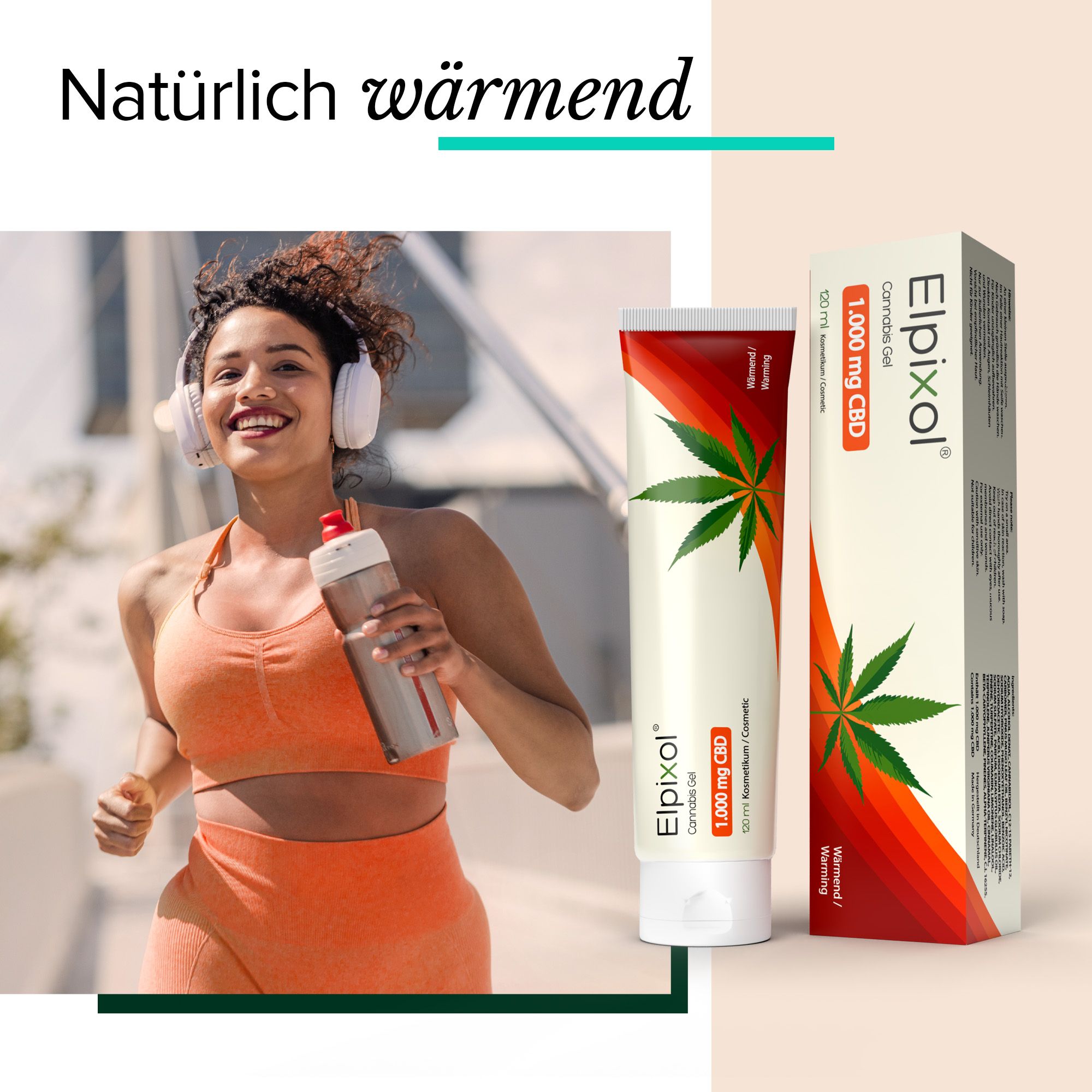 ELPIXOL® Cannabis Gel und Schachtel neben einer Frau, die joggt. Sie trägt Kopfhörer und hält eine Trinkflasche.