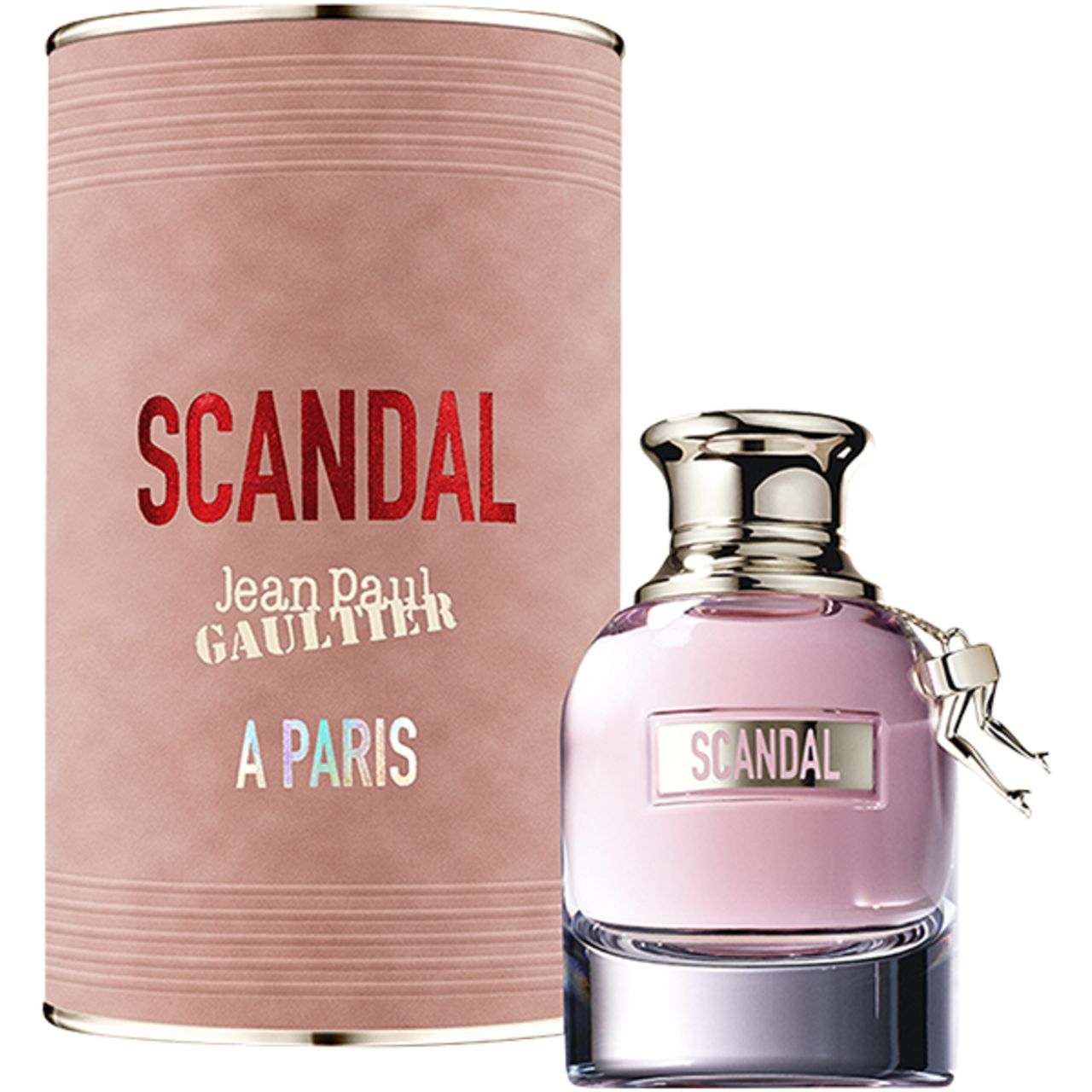 Rosa Parfumflasche und Verpackung. Aufschrift: SCANDAL, Jean Paul Gaultier, A PARIS.