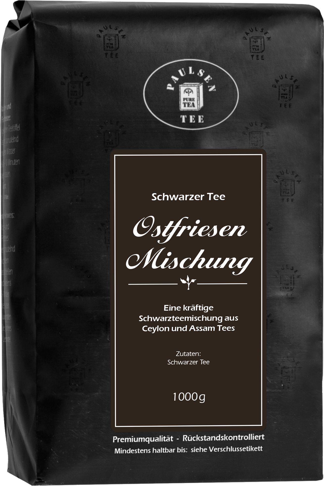 Schwarzer Tee-Packung. Schwarze Verpackung mit weißem Logo und Text. Aufschrift: Ostfriesen Mischung, 1000g.