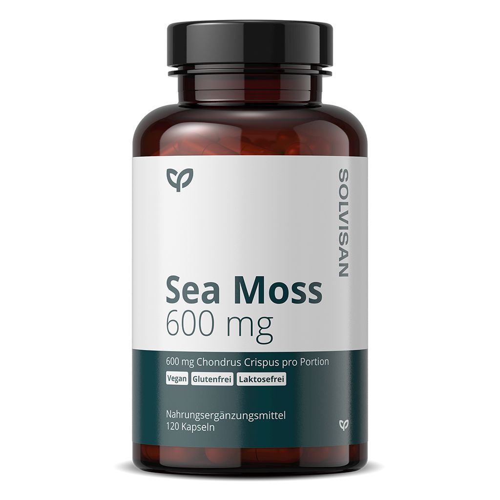 Braune Flasche mit schwarzem Deckel. Aufschrift: Sea Moss 600 mg, SOLVISAN. Vegan, glutenfrei, laktosefrei. Nahrungsergänzungsmittel.
