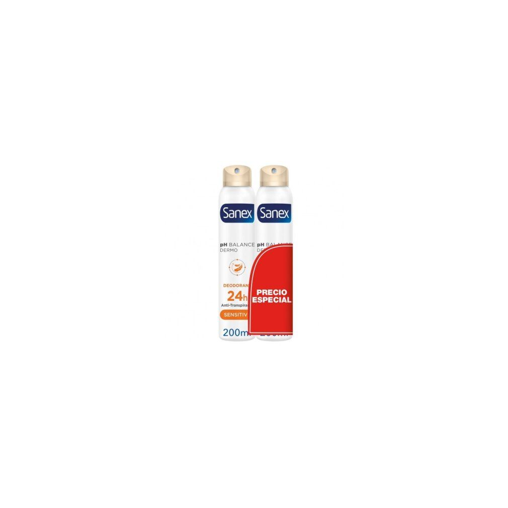 Zwei Sanex Deodorant Sprays, pH Balance Dermo Sensitiv, 200ml, mit "PRECIO ESPECIAL" Aufdruck.