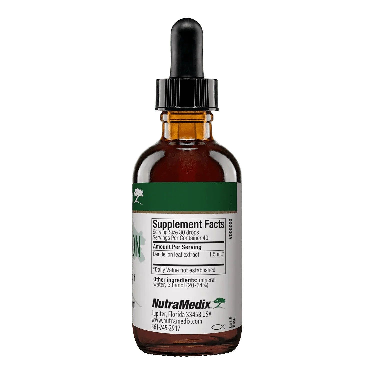 Rückseite der braunen Glasflasche. Etikett mit Nährwertangaben und Inhaltsstoffen. Marke: NutraMedix. 1,5 ml Löwenzahnextrakt.