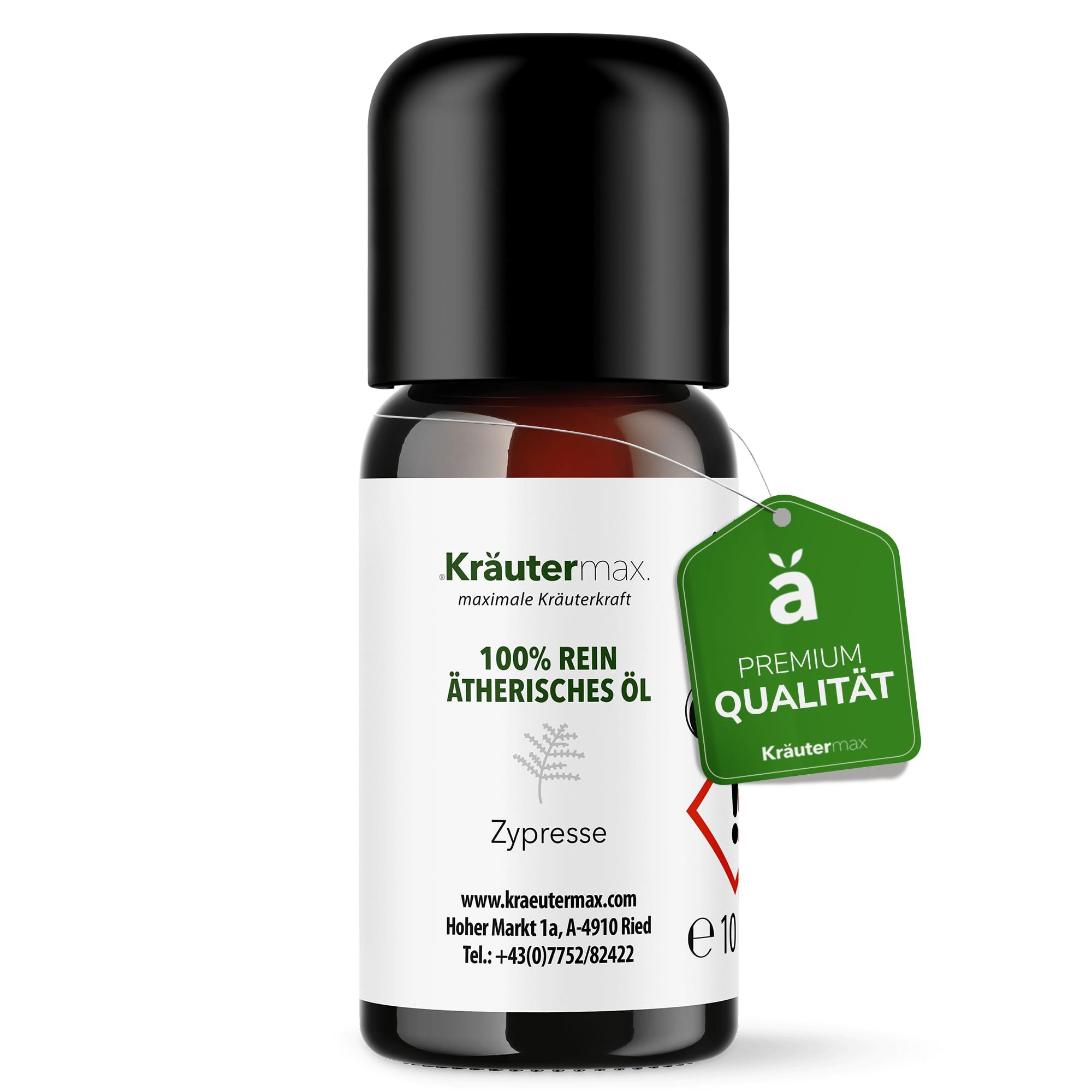 Braune Glasflasche mit schwarzem Deckel und Etikett. Grünem Anhänger mit "Premium Qualität". Text: Kräutermax, 100% reines ätherisches Öl Zypresse.