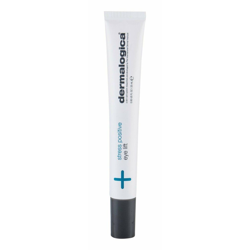 Weißes Tube mit grauer Kappe. Aufschrift: "stress positive eye lift" und "dermalogica".