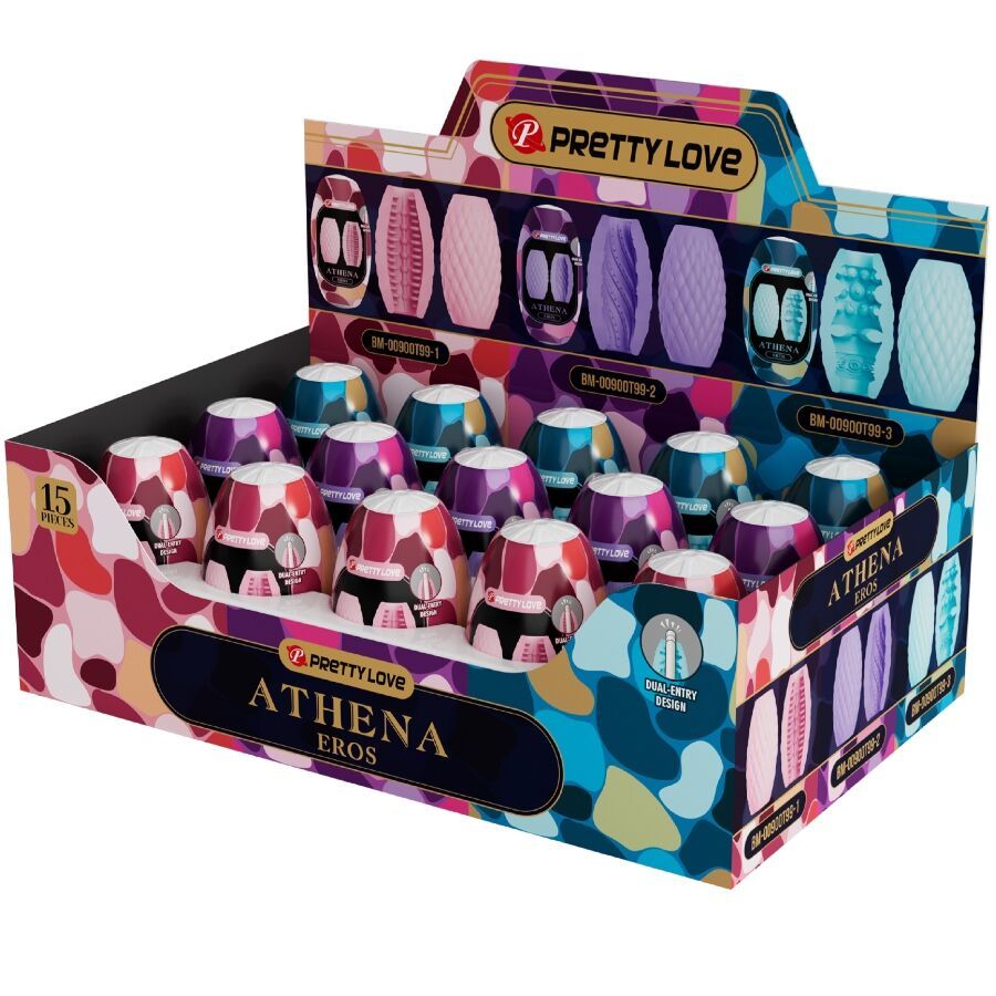 Verkaufsdisplay mit Produkten. Ovale Produkte in verschiedenen Farben. Aufschrift: ATHENA EROS. Verpackung.