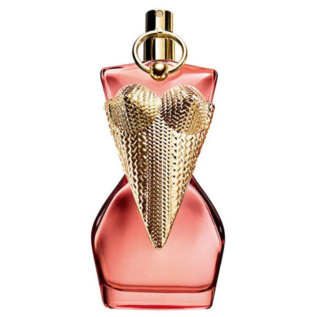 Jean Paul Gaultier Flakon in Form einer weiblichen Silhouette mit goldenem Herzdetail und rosa Flüssigkeit.