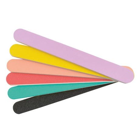 Mehrfarbige Nagelfeilen, 6 Stück, in Fächerform angeordnet. Verschiedene Farben: Rosa, Gelb, Orange, Rot, Türkis und Schwarz.