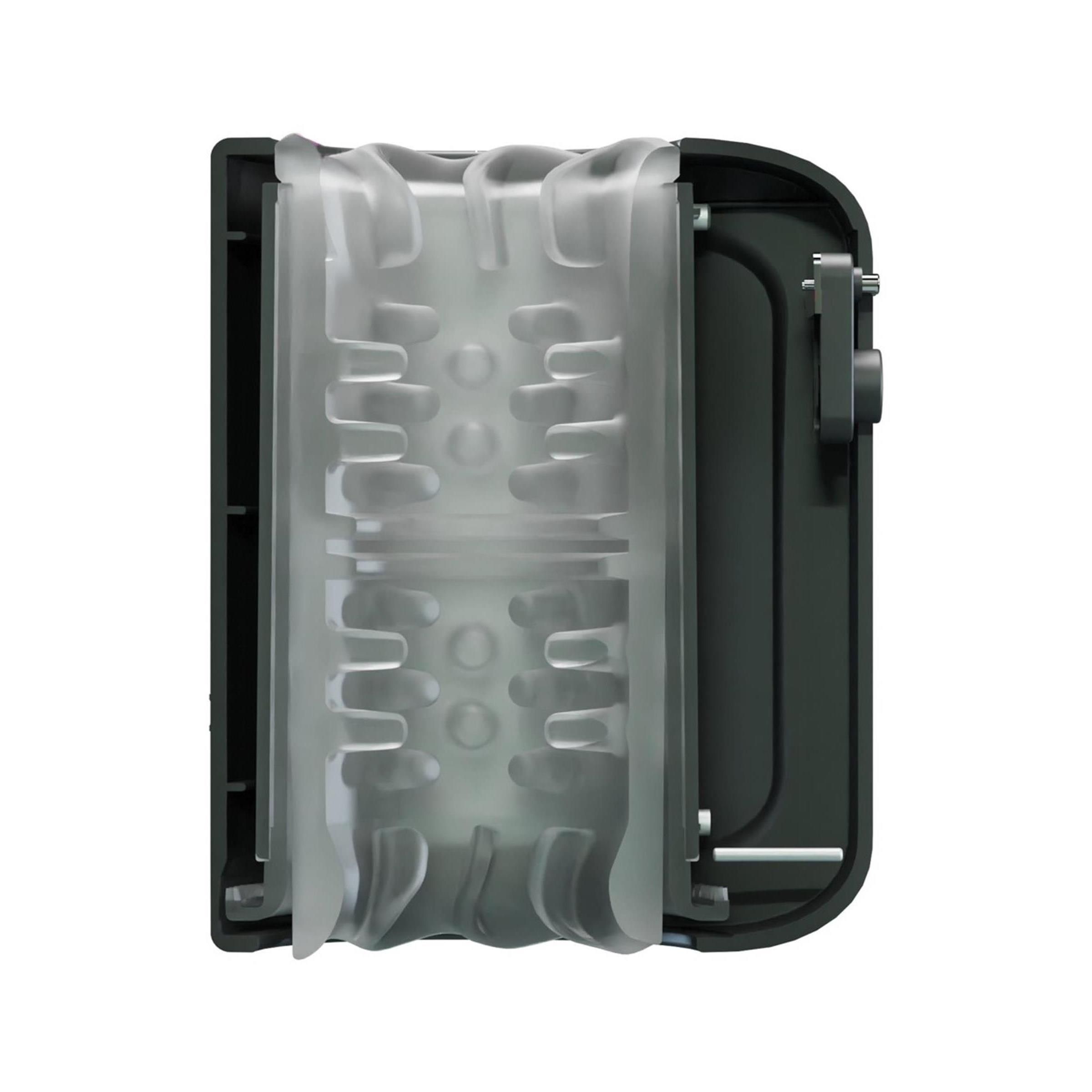 Gerät mit transparentem Einsatz, Ansicht von oben. Schwarzes Gehäuse mit strukturiertem Innenleben.