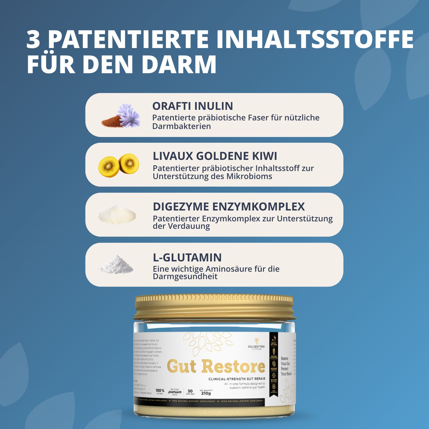 Drei patentierte Inhaltsstoffe für den Darm: Orafti Inulin, Livaux Goldene Kiwi, Digesyme Enzymkomplex.