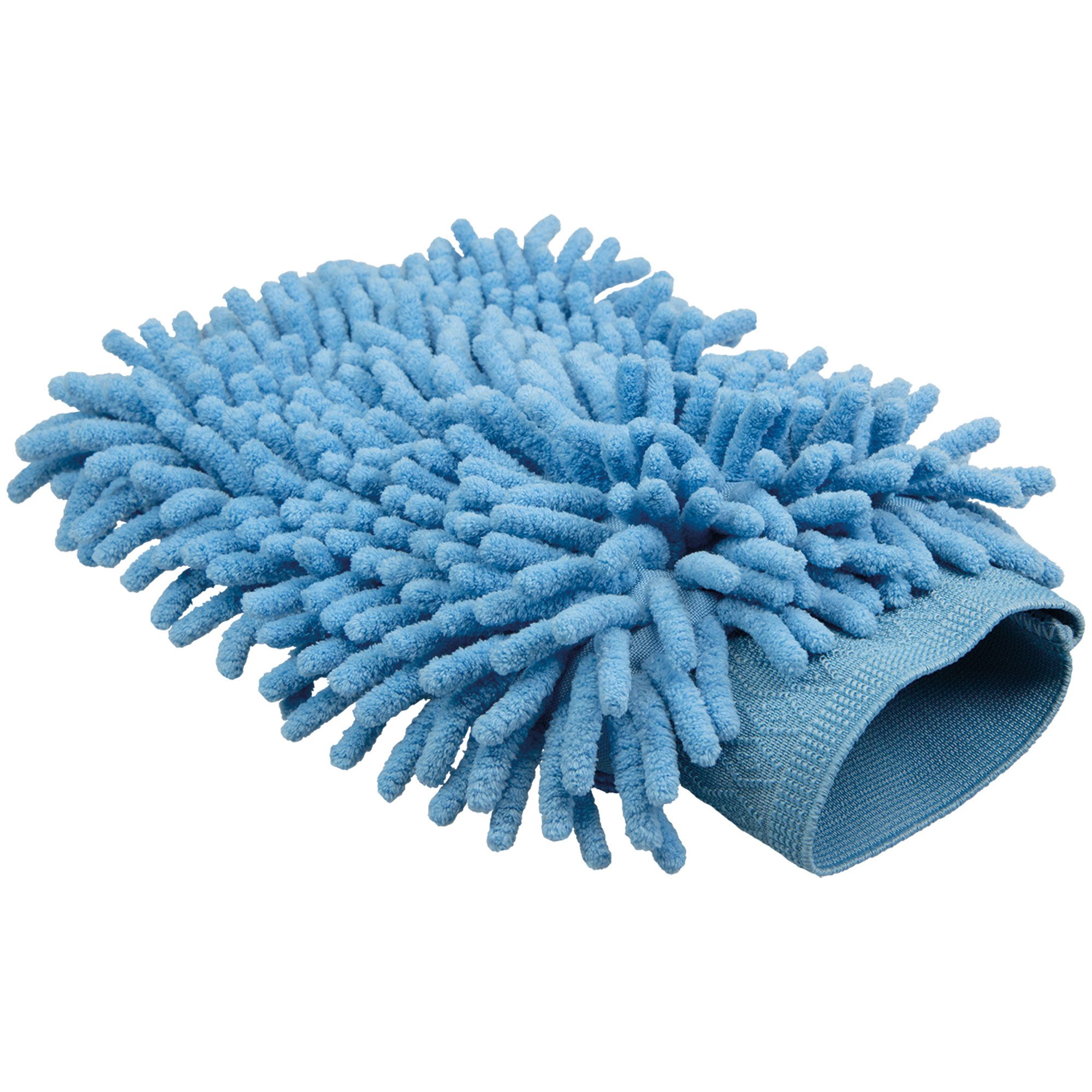 Hellblauer Waschhandschuh aus Mikrofaser mit Fransen und Manschette. Der Handschuh liegt schräg.