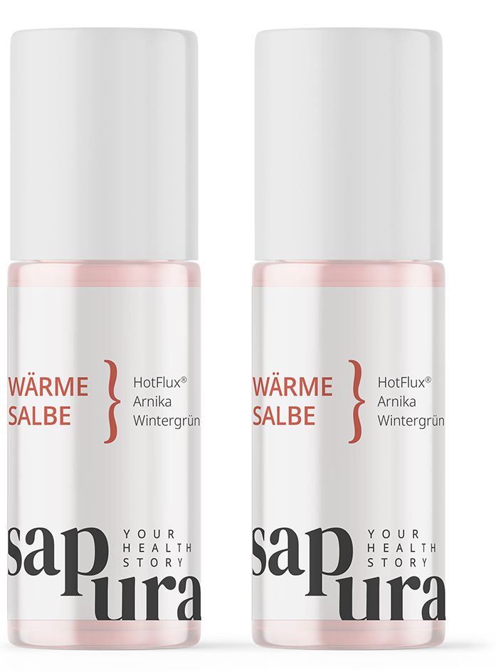 Zwei Roll-On-Flaschen. Weißer Deckel, rosa Flüssigkeit, Etikett mit Schriftzug: Wärme Salbe, HotFlux, Arnika, Wintergrün. Marke: sapura.