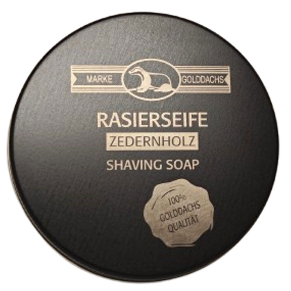 Golddachs Rasierseife Zedernholz in Aluminium Dose schwarz mit Laserdruck 60 g