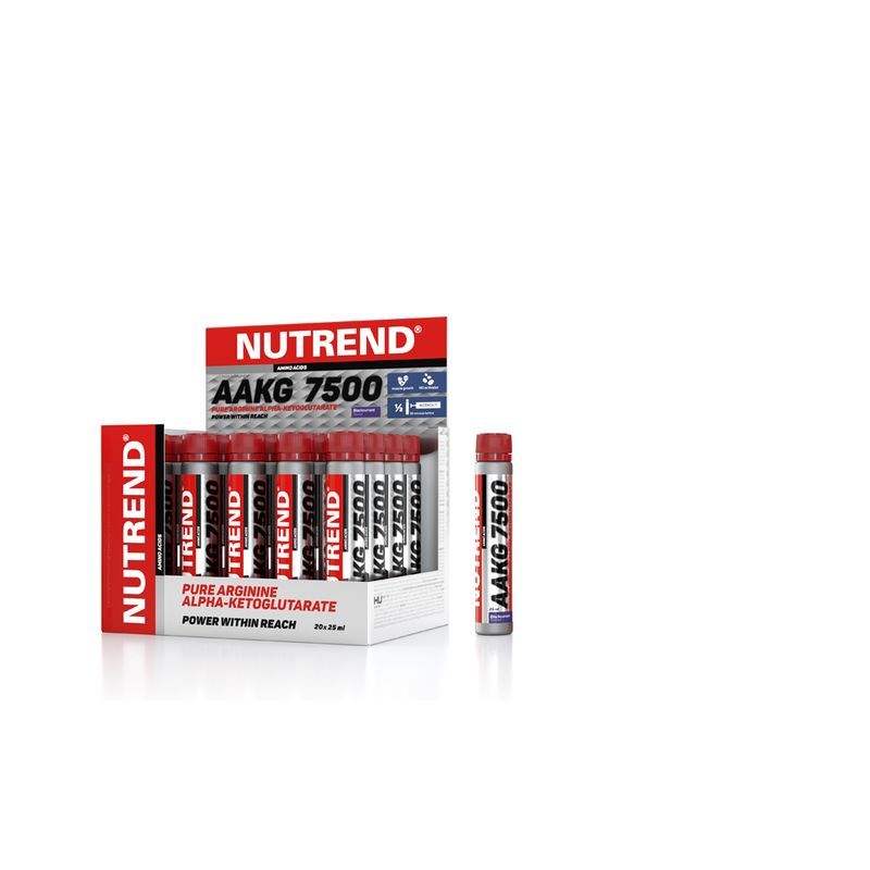 Verpackung mit Nutrend AAKG 7500. Rote und weiße Ampullen in einer weißen Box. Einzelne Ampulle daneben.