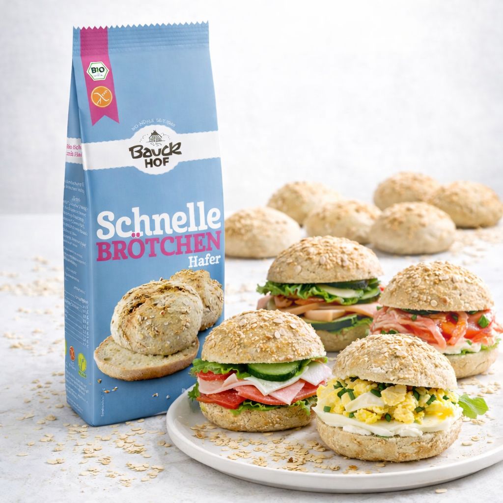 Bauckhof Schnelle Brötchen Hafer Backmischung mit verschiedenen belegten Brötchen.